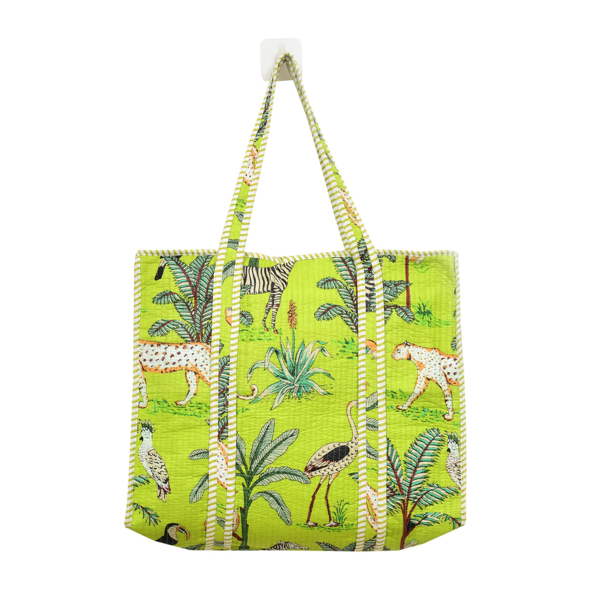 MITTICO Quilted Cotton Tote Bag for Women – Handmade Large Shoulder Handbag with Zipper & Multiple Pockets | Lightweight Travel Tote for Office, Shopping & Daily Use | Parrot Green Jungle Print