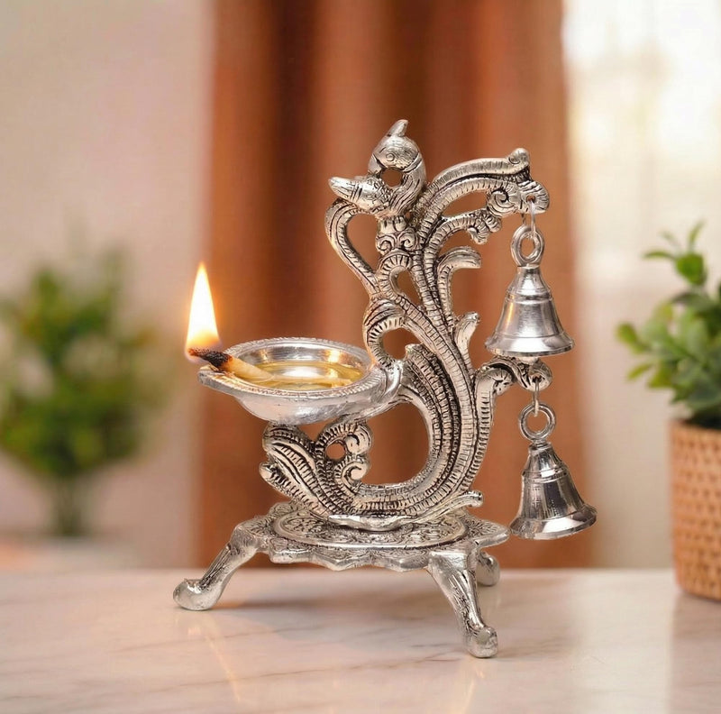KridayKraft Aluminium Diya for Puja Room Oil Lamp in Peacock Design with Bell (Silver Metal, Pack of 1 Pcs)