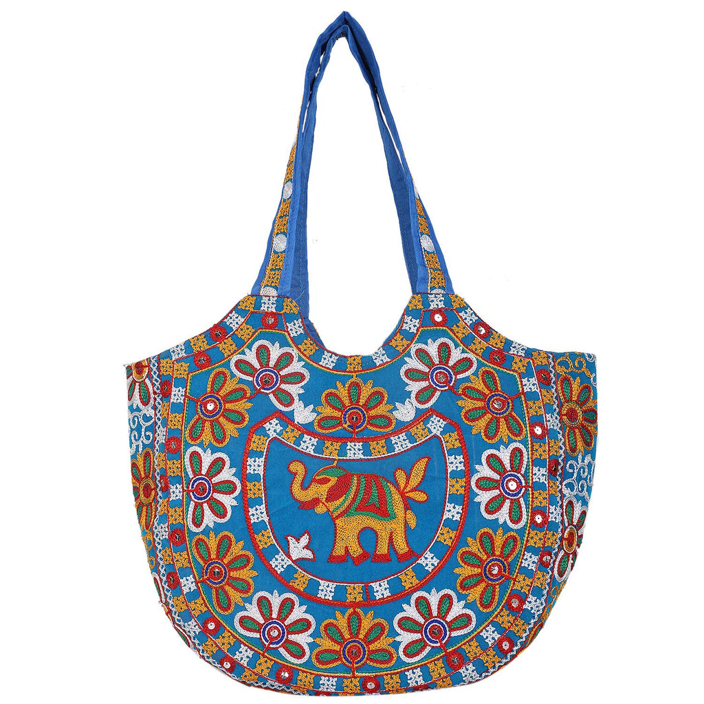 Craft Trade Women's Cotton Tote Bag with Zip 46x30x12 Cm Embroidered Shopping Bag Elephant Design - Sky Blue