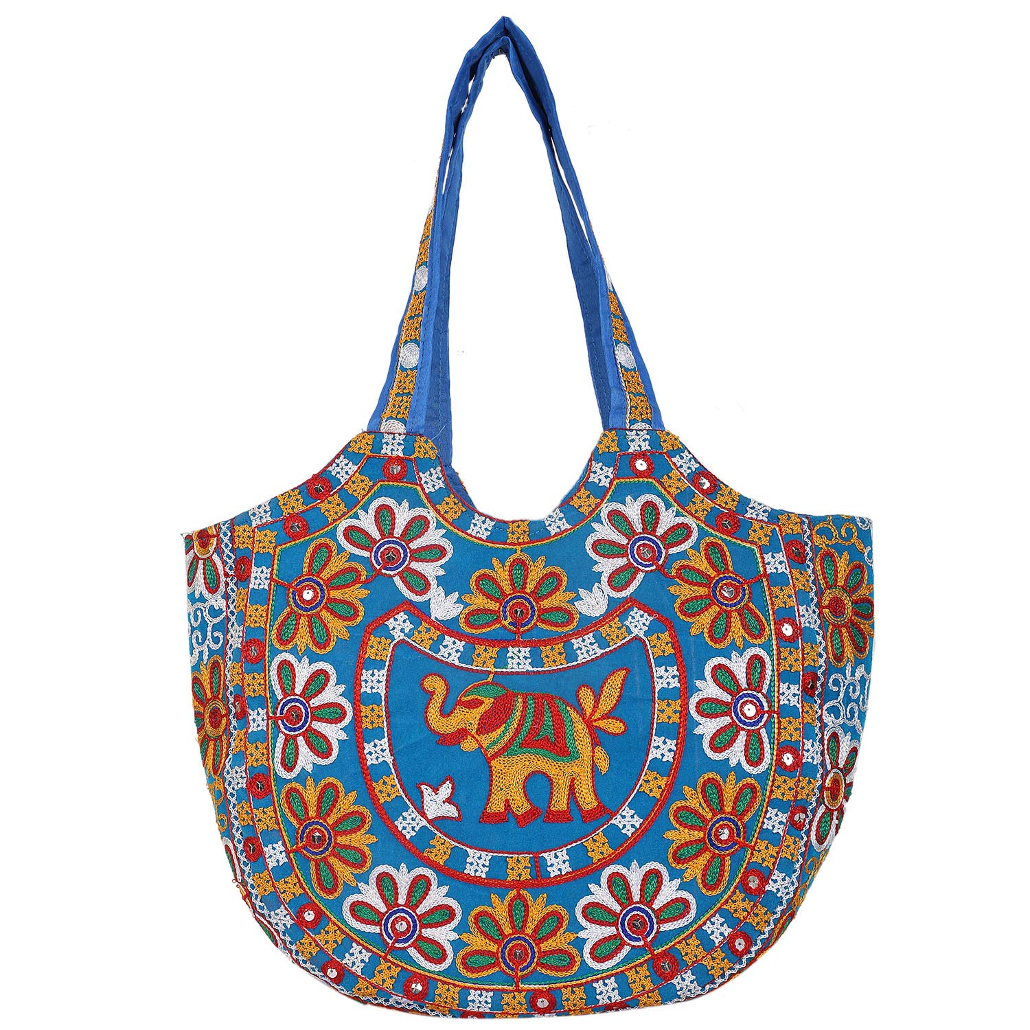 Craft Trade Women's Cotton Tote Bag with Zip 46x30x12 Cm Embroidered Shopping Bag Elephant Design - Sky Blue