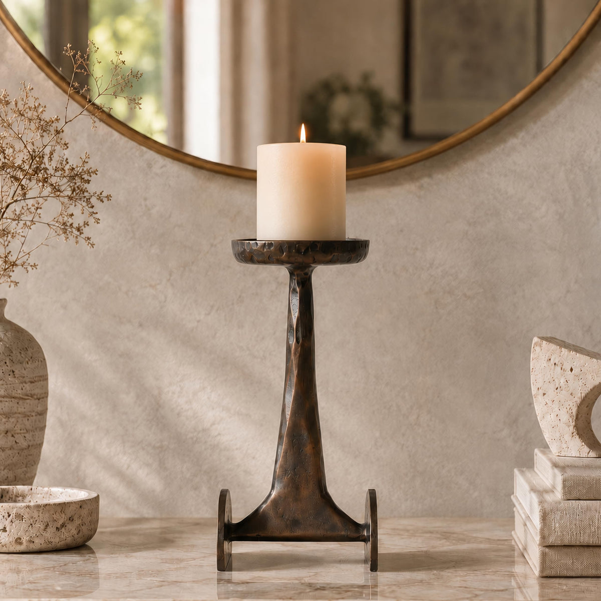 Helios Pyrr Imperial Column Candle Stand - Antique Copper | Luxury Metal Candle Holder Set for Home, Living Room & Gifts | Modern Decorative Centerpiece