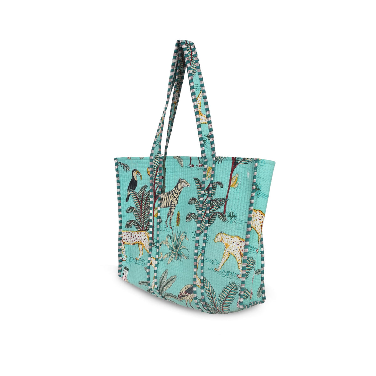 Quilted Premium Cotton Printed Reversible Tote Bag Grocery Shopping Bag Travel Bags Carry Bag 18x15x5.5 Inch