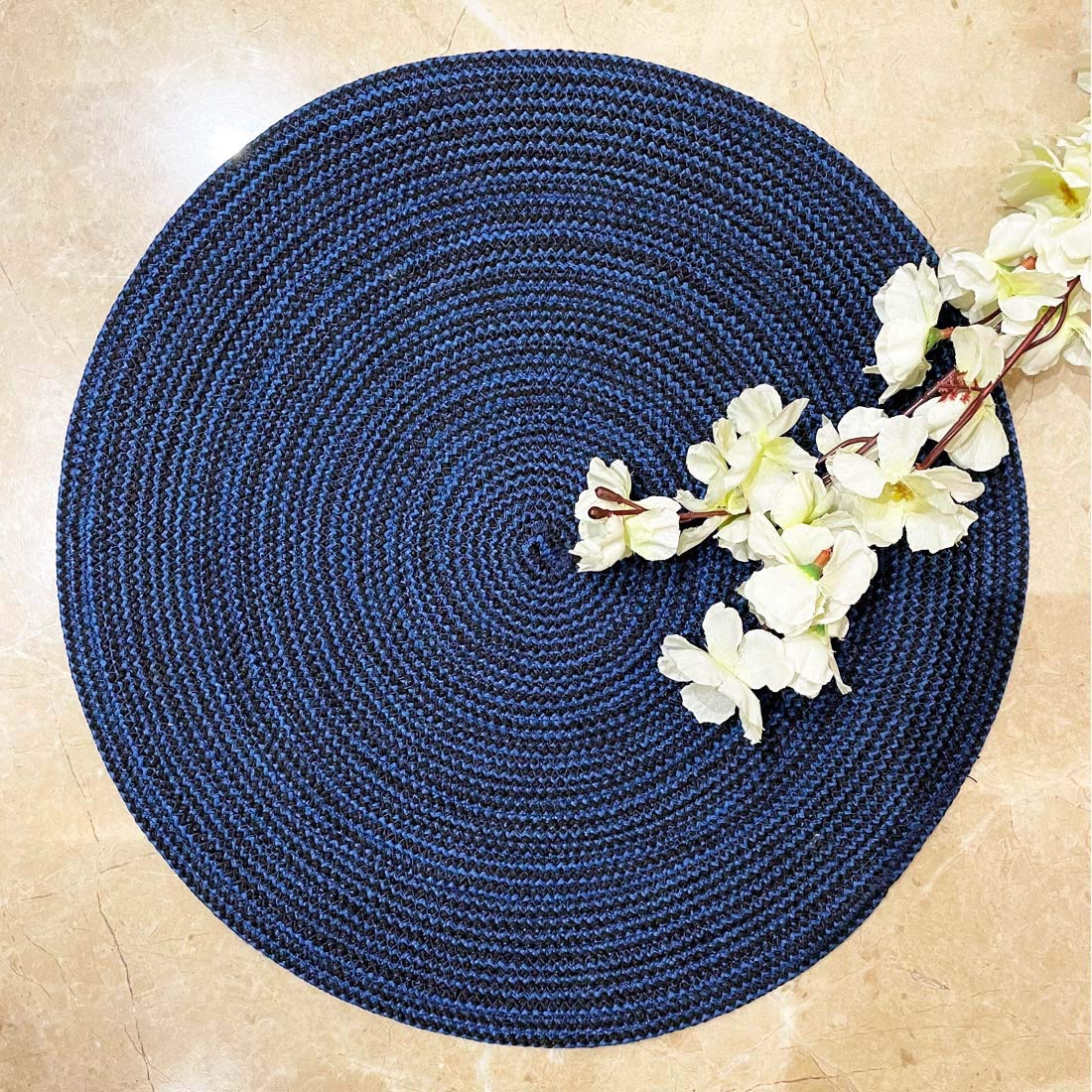 SAPROSE® Polypropylene Multipurpose Braided Round Table Mat (1 PC Pack, 40 cm), Dinning Place mats, Side Table Mat, Doilies, Machine Washable Large Mat for Dining Table (15.5 Dia, Blue-Black) Kafalo