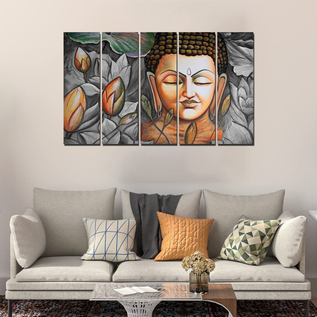 VIBECRAFTS Buddha Meditating 5 Pieces Canvas Wall Painting For Home | Office | Living Room | Gift (PTVC5Pcs4_8553)