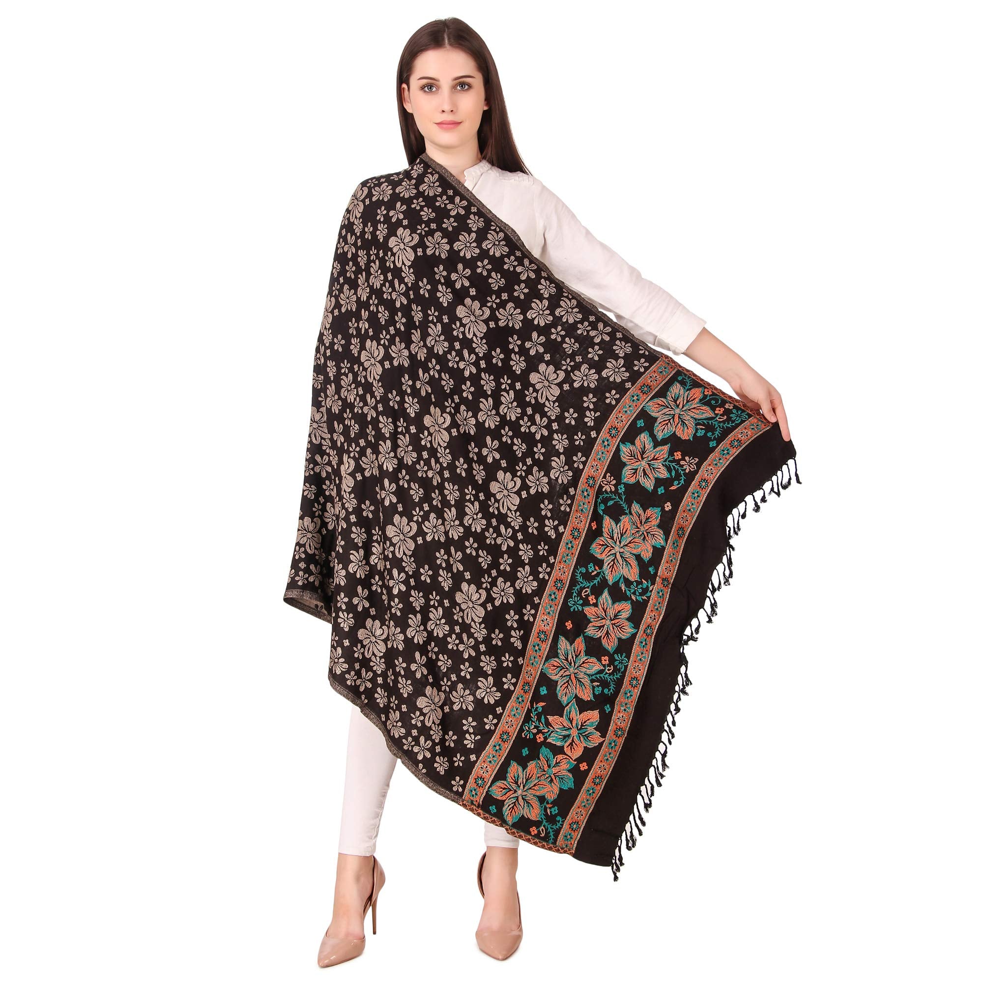 BRAVEZI Women's Woolen Floral Design Printed Shawls (Black)
