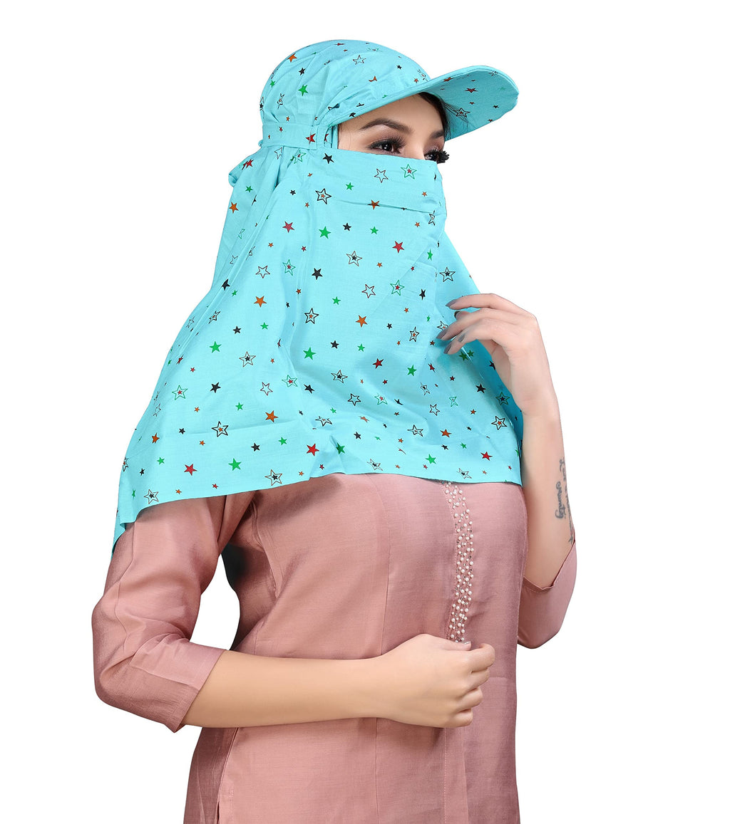 7 season's Female Cotton Short Scarf Cum Mask Universal Size/Usable For Vehicle Driver For Sunlight Uv Protection/White Printed Design (Cap_Firozi, Free)