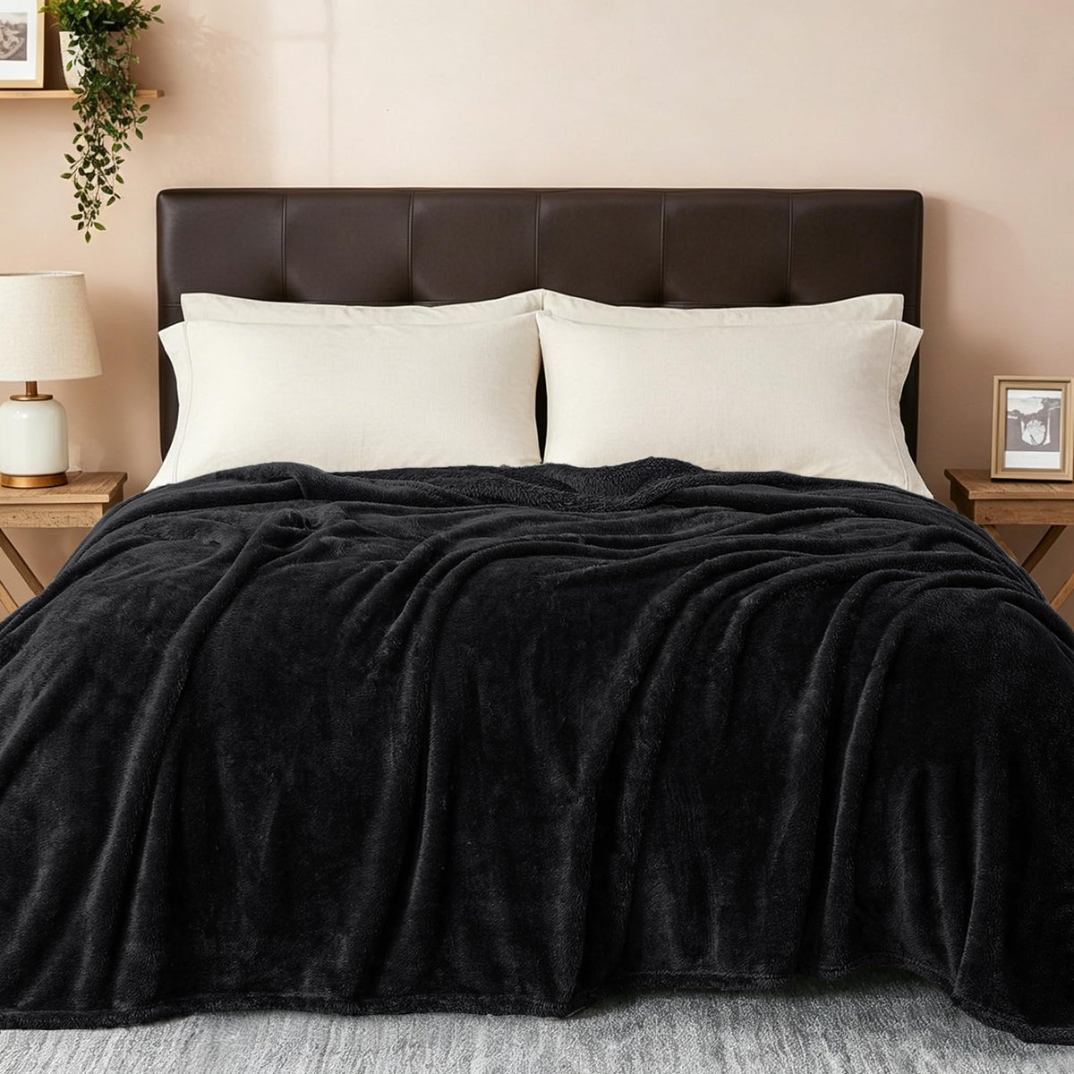 VOMZER Premium Plush Double Blanket | 300 GSM Lightweight Cozy Soft for Bed Sofa Couch Travel Camping| 254X229 Cm /90x100 Inches Midnight Black Kafalo