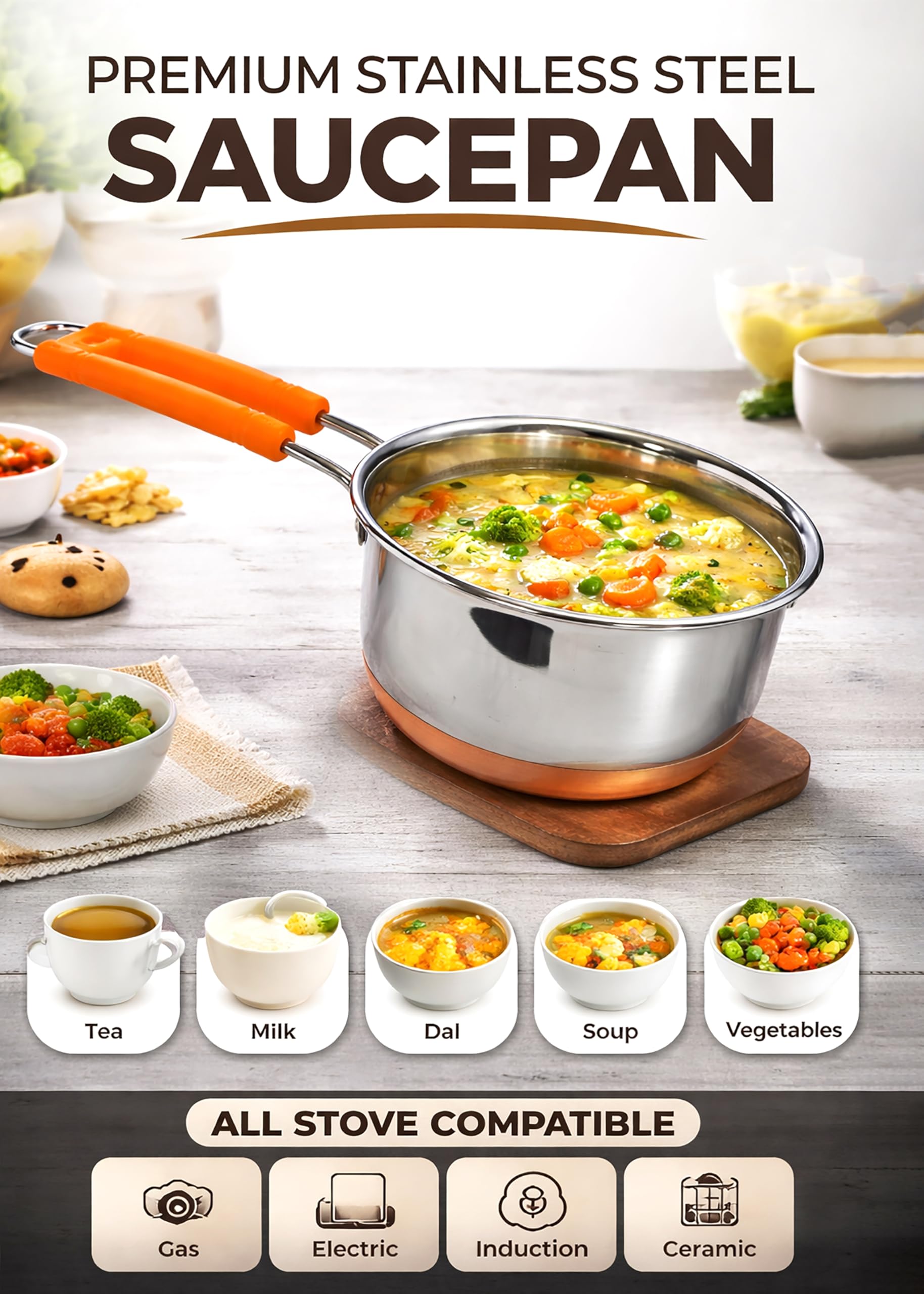 Saucepan with Lid, Stainless Steel Multipurpose Milk & Tea Pan (2 Litre), Heavy Copper Bottom Base Fast Heating, Ergonomic Handle, Gas &, Ideal for Boiling, Cooking & Daily Use
