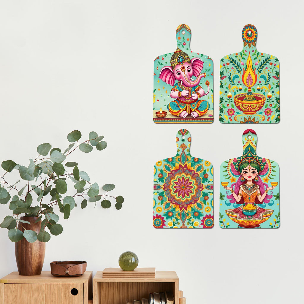 Artvibes Indian Traditional Shri Ganesh Lakshmiji Folk Art Auspicious Wooden Art Work Wall Hanging | Spiritual Decor Items | Wall Sculpture | Signs & Plaques | Ideal Gifts (WH_5649N), Set of 4