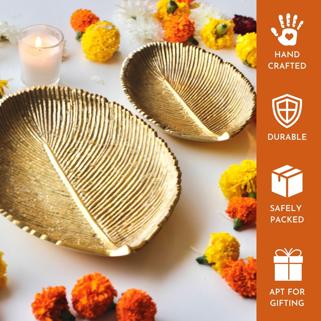 BEHOMA Metal Leaf Shape Tray for Home Decor, Small, Golden