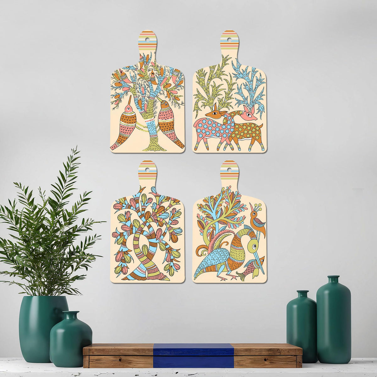 Artvibes Aesthetic Tree Birds & Deer Classic Modern Art Decorative Wall Art MDF Wooden Wall Hanger for Living Room | Home Decor | Wall Accent | Wall Poster | Art Print | Gift (WH_5629N), Set of 4