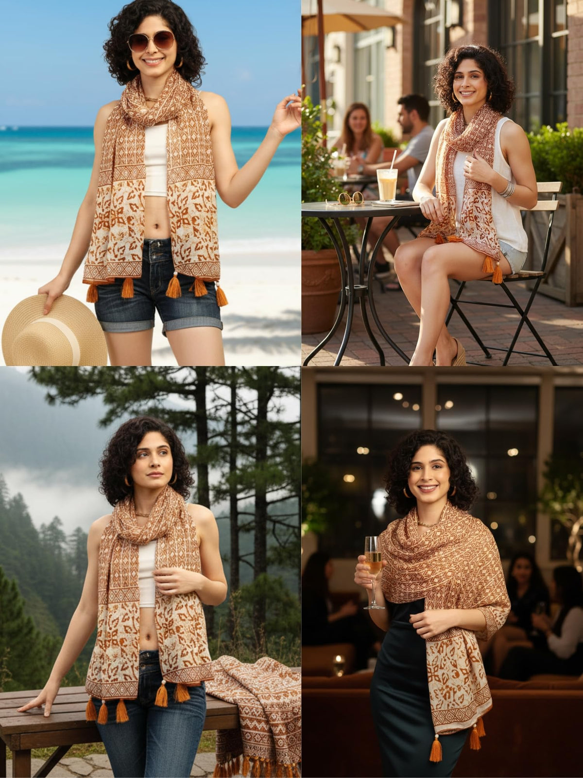 KE KANHA EXPORTS Scarf for Women Premium Cotton Boho | Dual Tone Border Print Stole with Tassels | Lightweight Summer Beach Wrap 180 x 50 cm (Rust Maple Print)