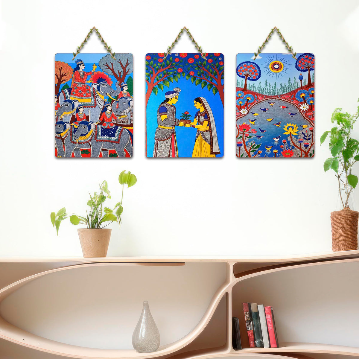 Artvibes Traditional Indian Home Decor Items for Decorative Wall Art MDF Wooden Wall Hanger for Home | Art For Wall | Door Decoration Items | Aesthetic Wooden Decor | Ideal Gifts (WH_9609N), Set of 3