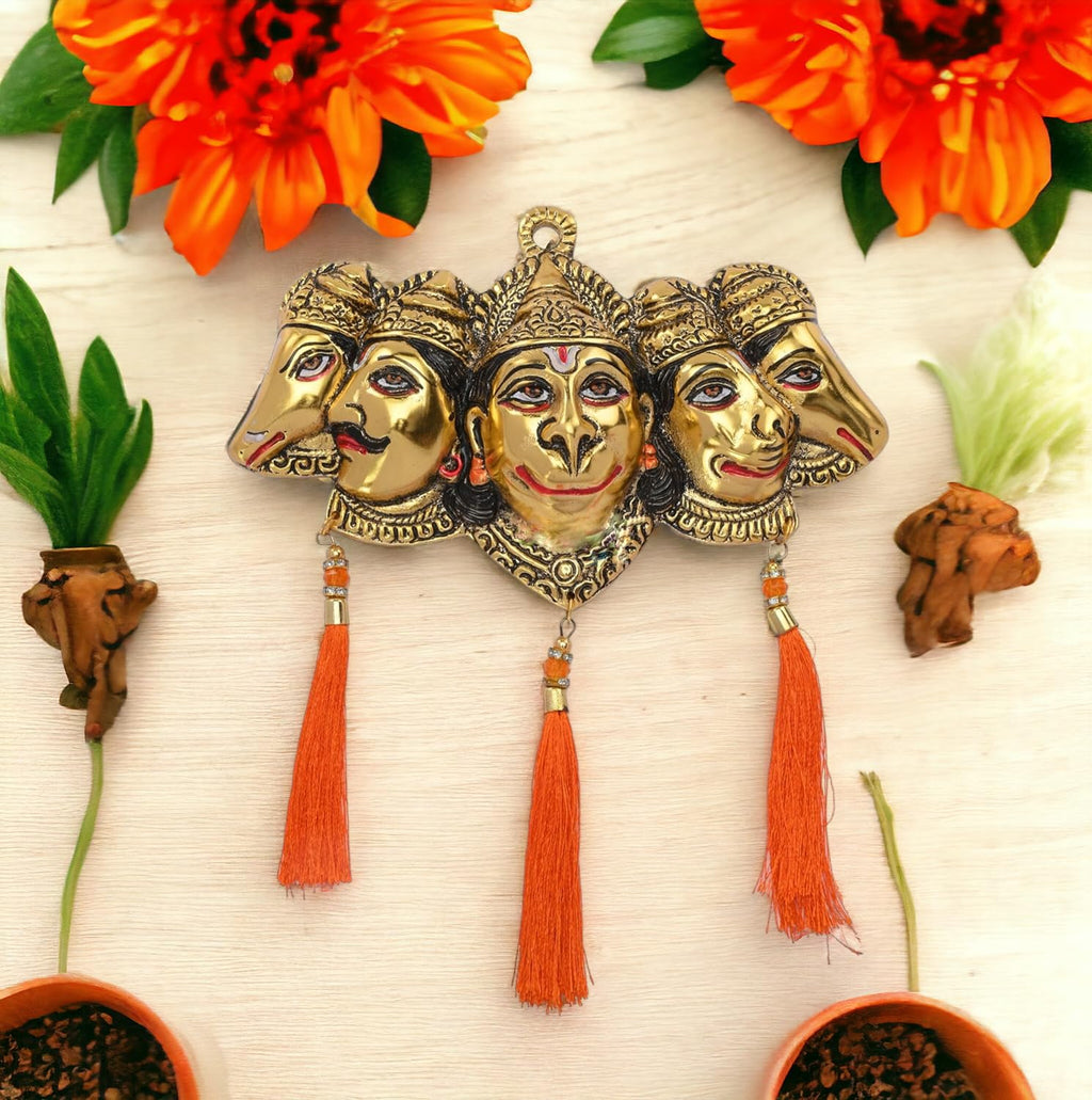KridayKraft Metal Panchmukhi Hanuman Ji Murti for Door Entrance Statue Wall Hanging Showpiece with Silk Latakan in Gold Finish (Gold)