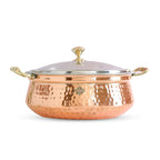 Indian Art Villa Steel Copper Hammered Design Handi/Bowl/Casserole with Toughened Glass Lid & Brass Knob & Handles, Volume-400 ml, Pack of 6