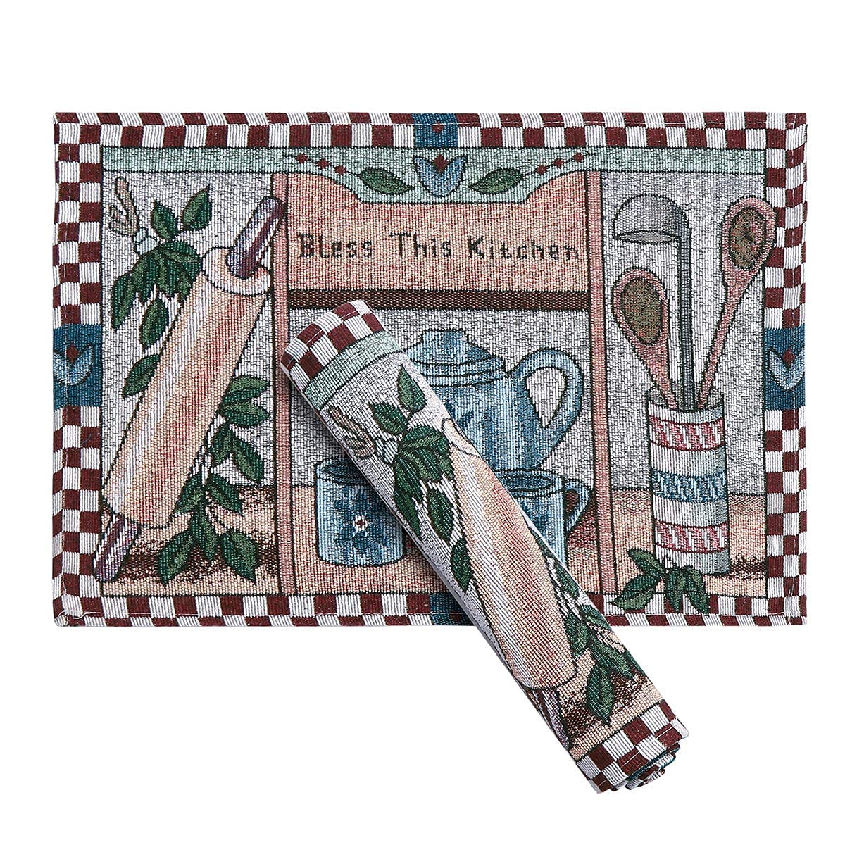 PRAKARTIK BY INDUARTS Bless This Kitchen Eco-Friendly Cotton Dining Rectangular Table mats - Reusable, Machine Washable, Everyday Use Blue Placemats, Set of 6 (33x47 cm) Kafalo