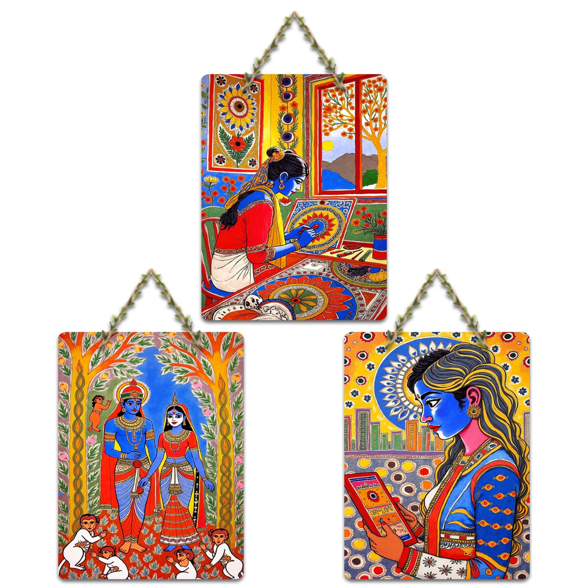 Artvibes Traditional Cultural Wooden Art Decoration Item for Home | Living Room | Office | Cafe | Painting Wall Decor | Wall Illustrations | Ethnic Wall Decor | Gift Items (WH_96120N), Set of 3