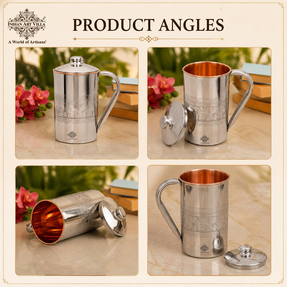 INDIAN ART VILLA Steel Copper Jug with Embossed Design, 2000 ml Drinkware & Serveware for Yoga and Daily Use