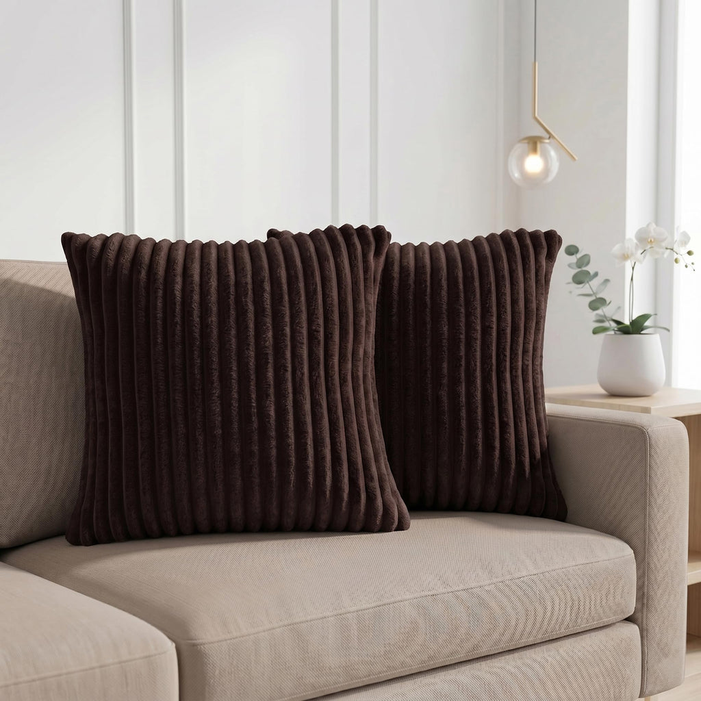 Yellow Weaves Pencil-Stripe Fur Cushion Covers | Soft Polyester | Decorative Sofa & Throw Pillow Covers | 16x16 Inches, Pack of 2 (Coffee)