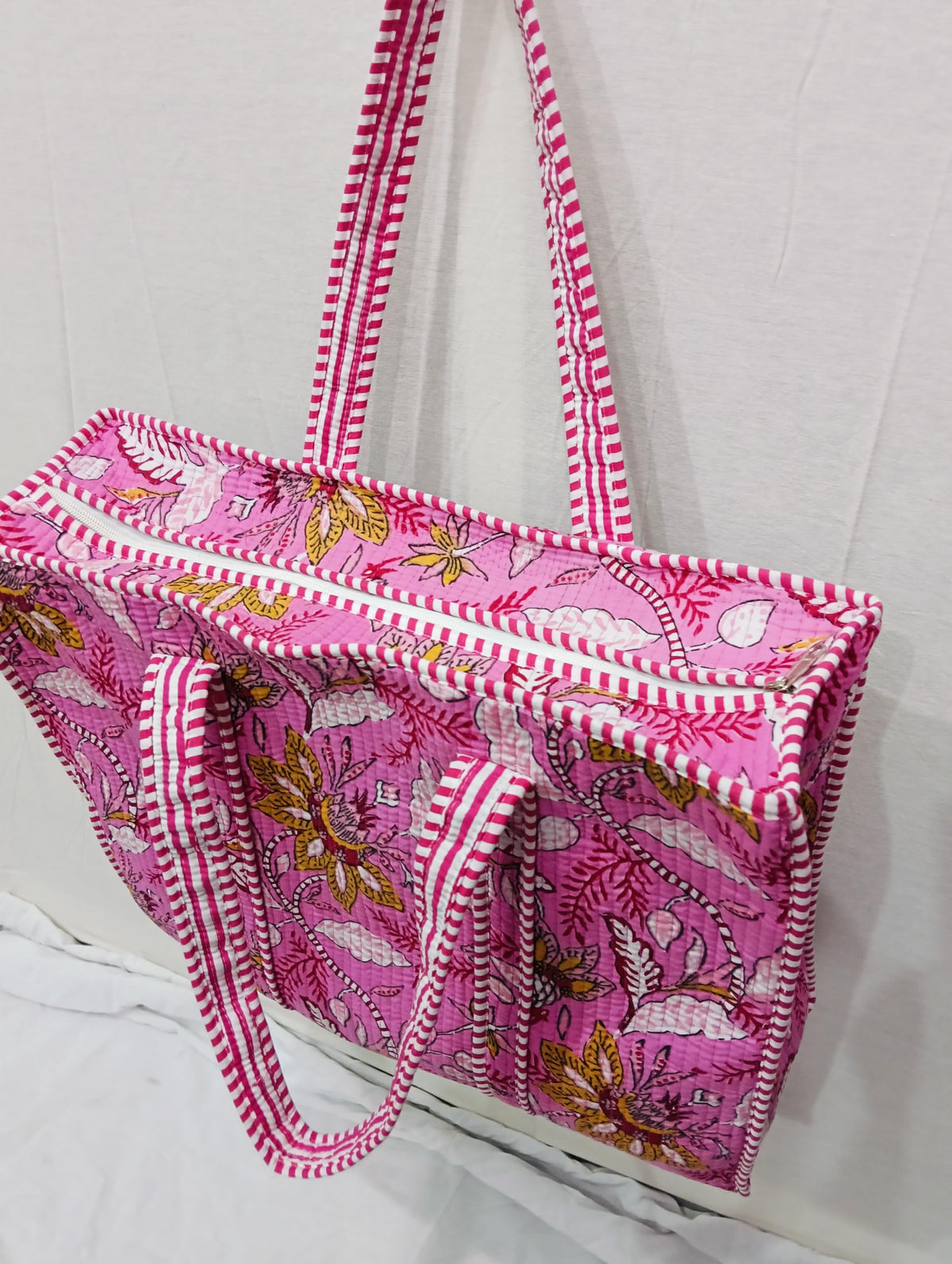 Doraya Cotton Printed Tote Bag,Hand Bag Multicolor Quilted Hand Block Floral Printed Women's Carry Bag Shoulder Shopping Tote Bags 18x5.5x16 Inch (Pink 2)