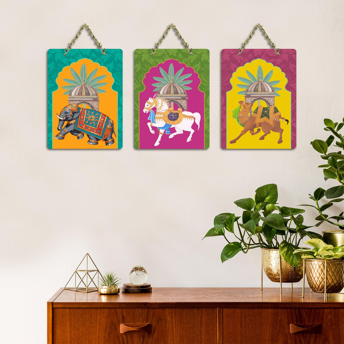 Artvibes Ancient Royal Rides Kalamkari Art Wooden Wall Hanging for Home Decor | Living Room | Wall Art Paintings | Wall Poster | Graphic Art | Artworks Hangings | Ideal Gifts (WH_96154N), Set of 3