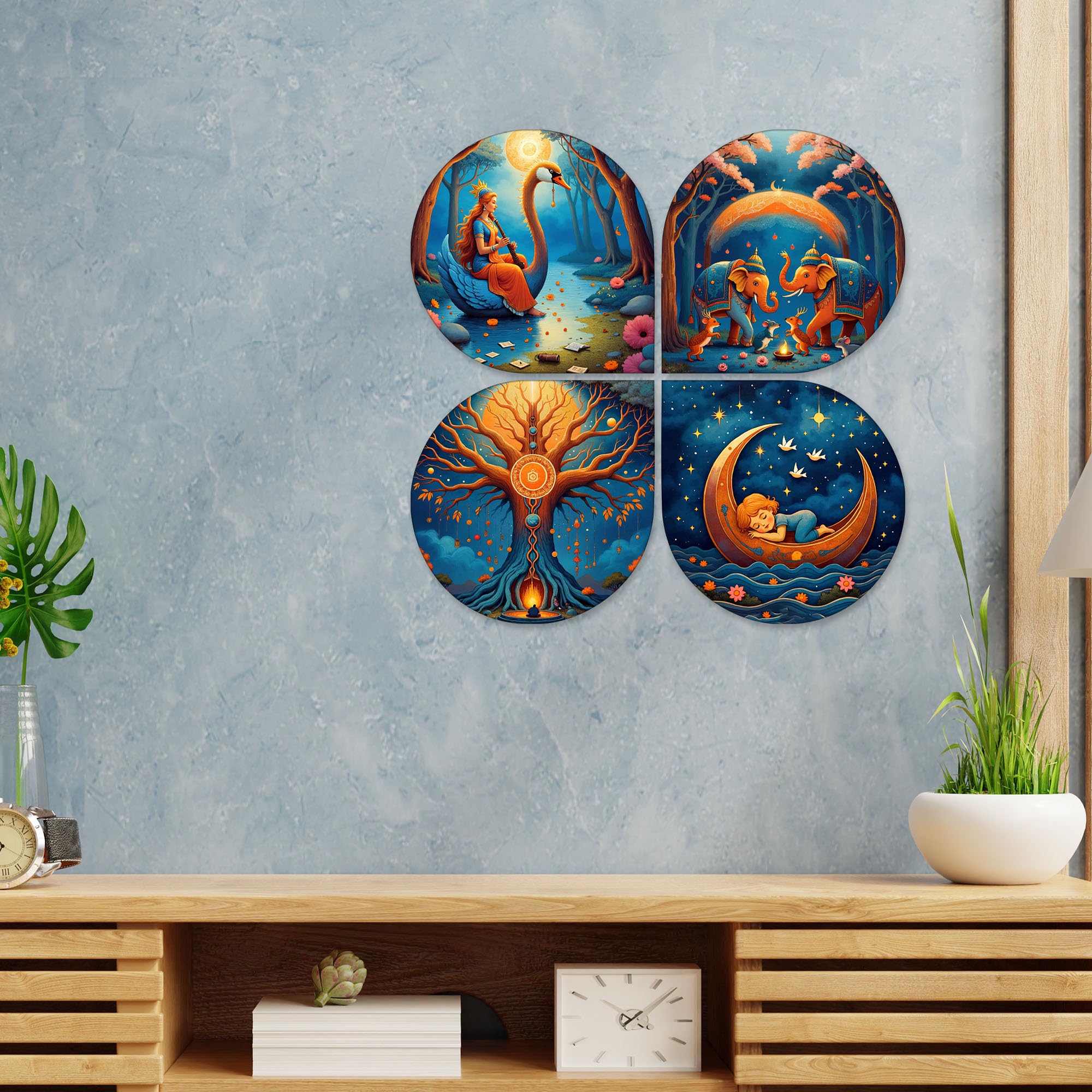 Artvibes Spiritual Decorative MDF Wooden Wall Art for Home | Graphic Artwork | Decoration Wall Hanging Items | Wall Sculpture | Wall Poster | Aesthetic Wall Art | Unique Gift (WH_8454N), Set of 4