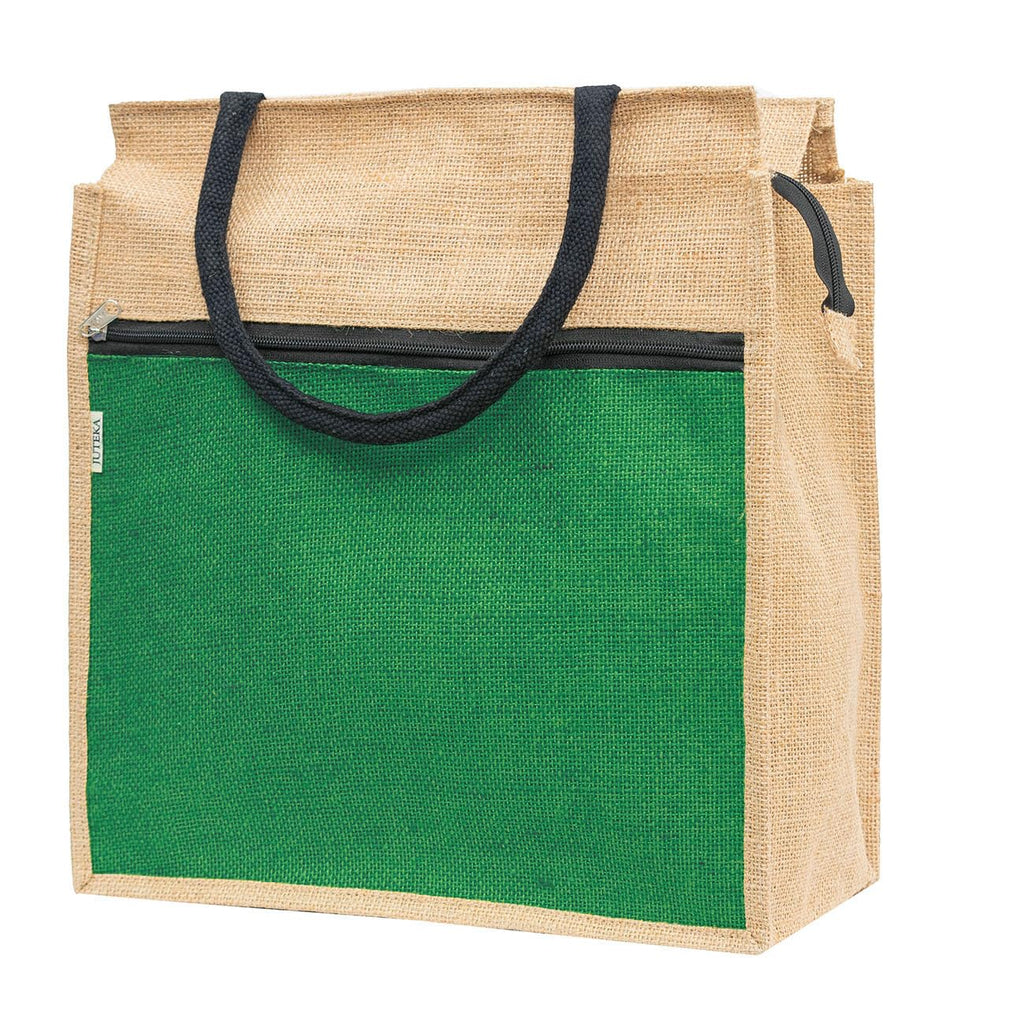 JUTEKA Front Zip Pocket Jute Bag for Lunch, Office, Grocery, Picnic, Tiffin, Shopping Hand Bag with padded cotton handles
