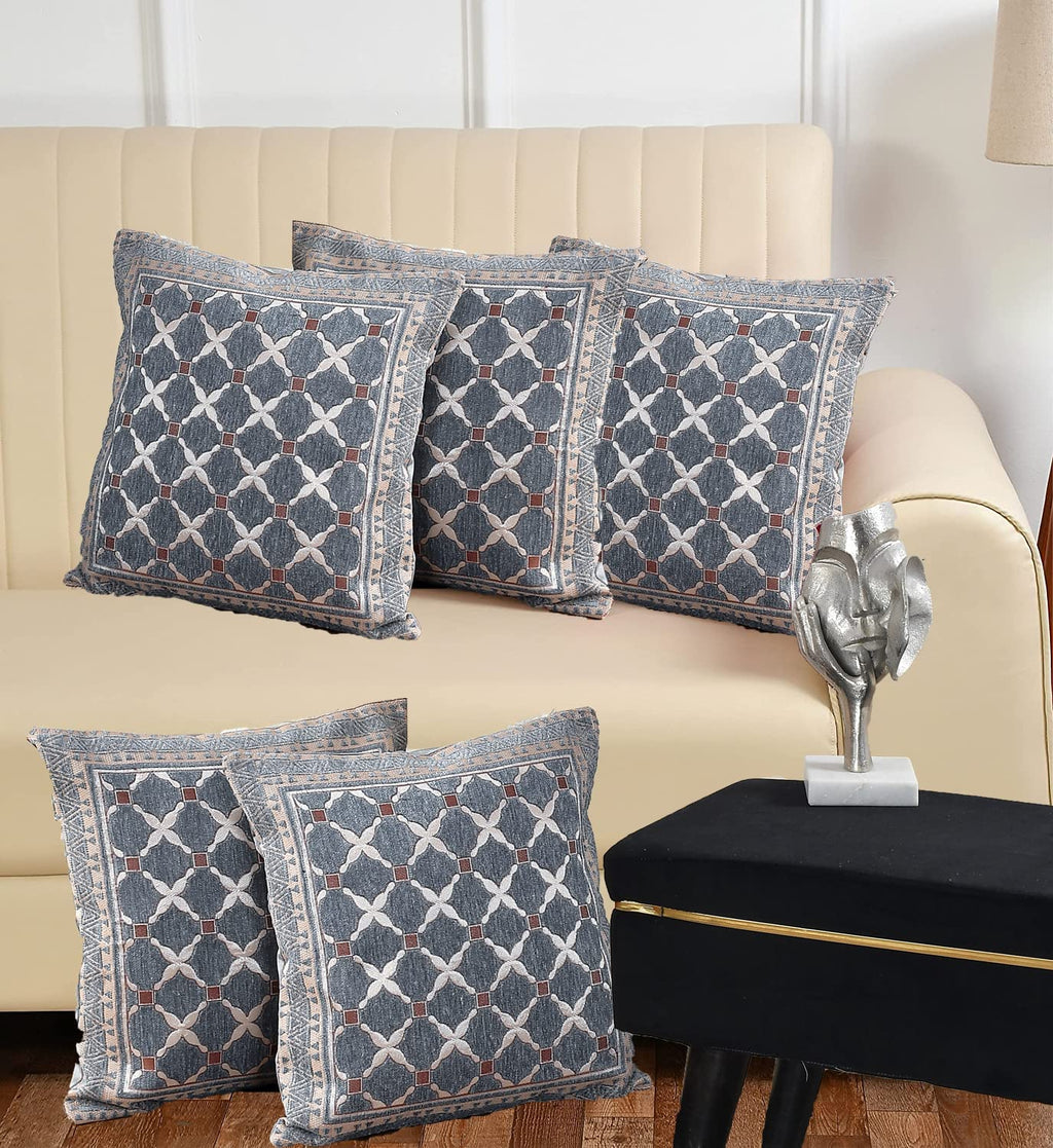 DECOMIZER Jacquard Geomteric Cushion Covers 24 Inch X 24 Inch Set Of 5 Ethnic Motifs 240 TC Cushion Covers,Design- Criss-Cross,Color- Grey