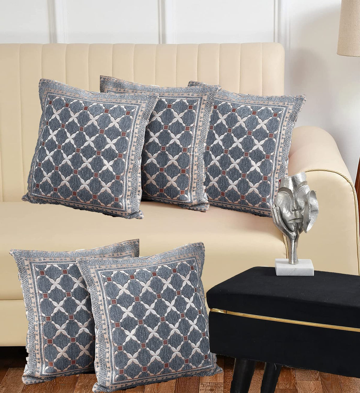 DECOMIZER Jacquard Geomteric Cushion Covers 24 Inch X 24 Inch Set Of 5 Ethnic Motifs 240 TC Cushion Covers,Design- Criss-Cross,Color- Grey