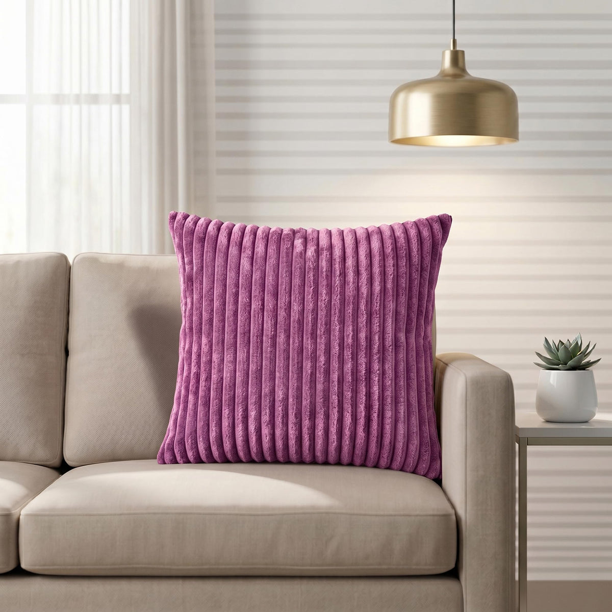 Yellow Weaves Pencil-Stripe Fur Cushion Covers | Soft Polyester | Decorative Sofa & Throw Pillow Covers | 16x16 Inches, Pack of 1 (Purple)