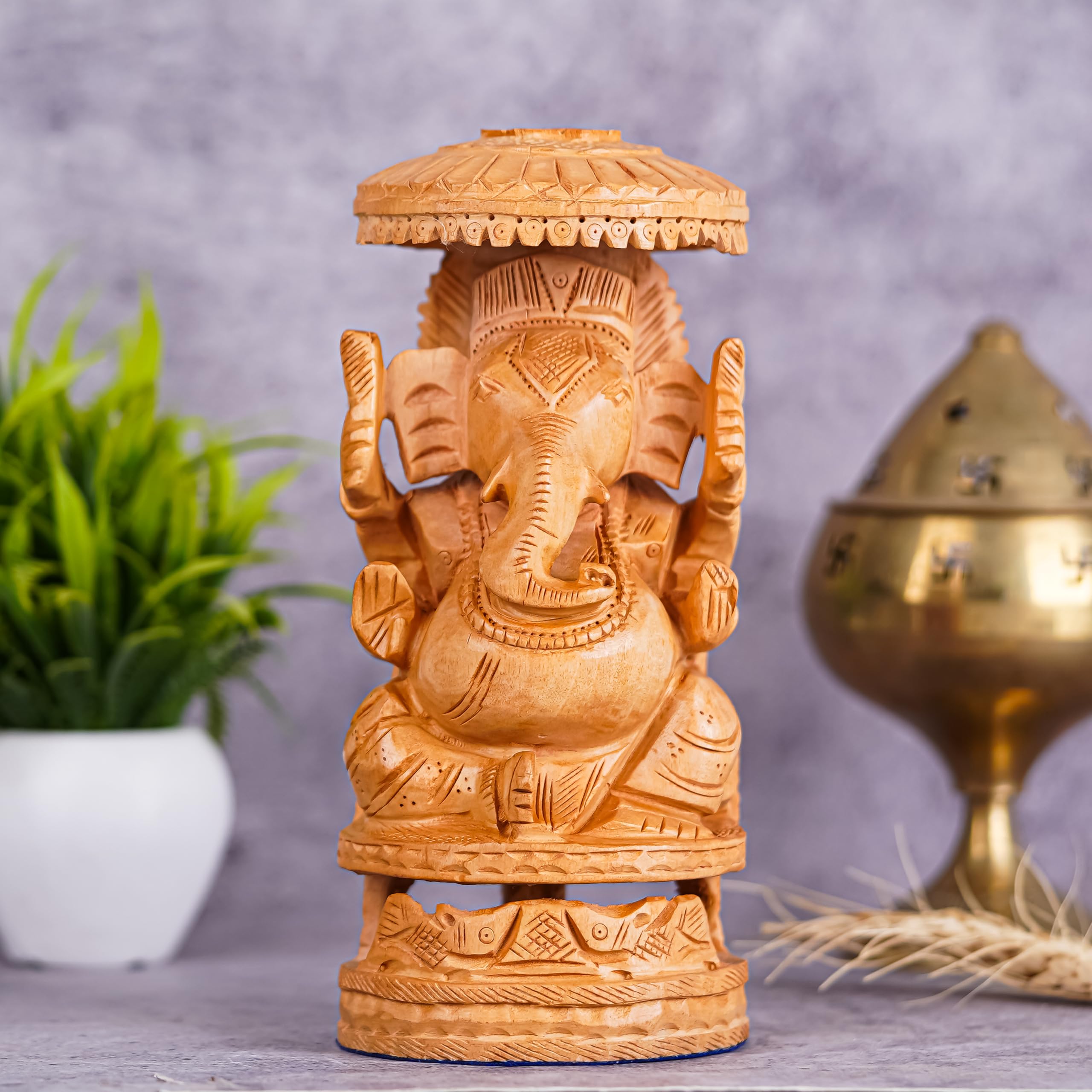 Vasu Creation Hand-Carved Wooden Lord Ganesha Statue with Decorative Umbrella, Traditional Indian Home Decor (4 inch)
