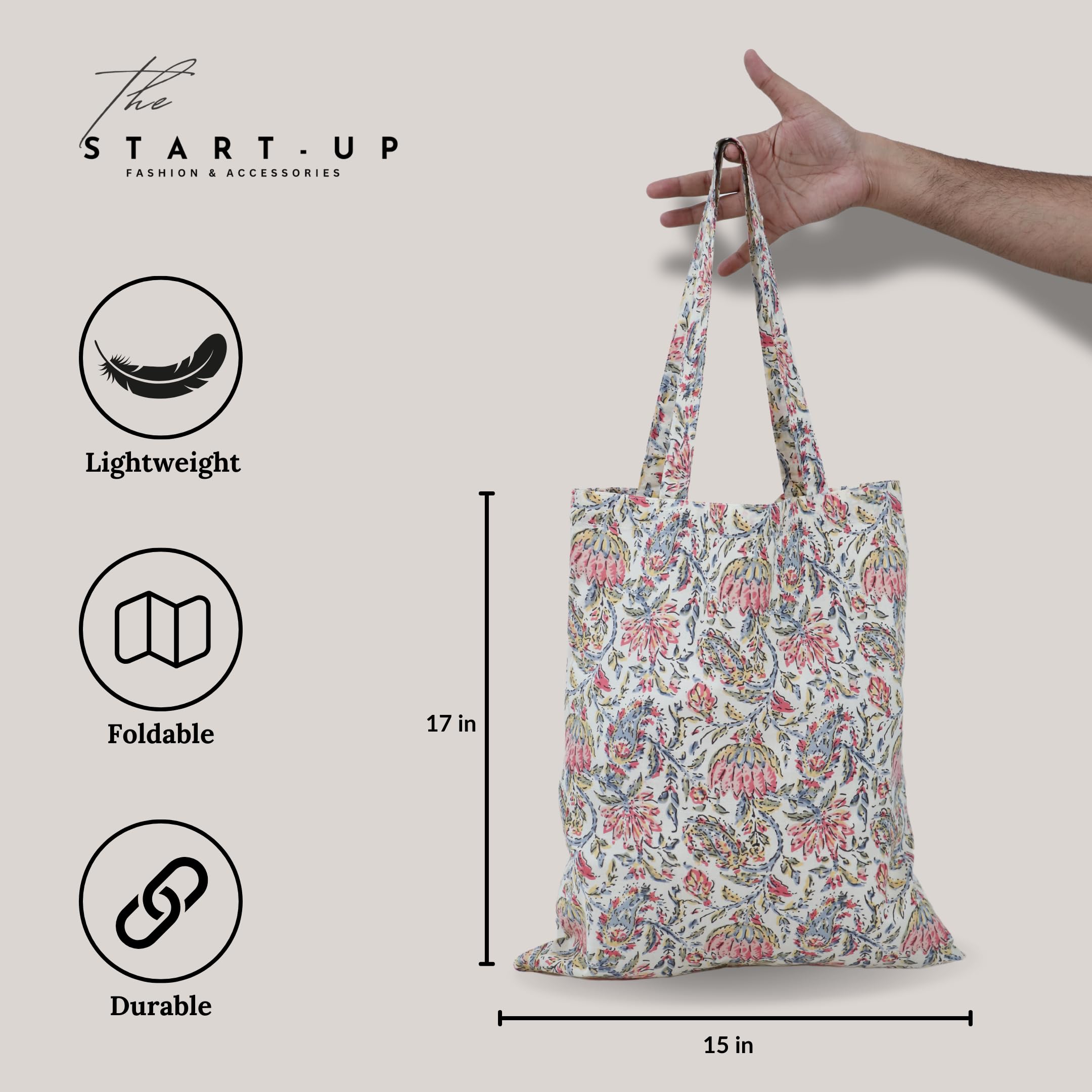 THE START-UP FASHION & ACCESSORIES Multipurpose Cotton Tote Bag for Office, College, Travel & Shopping – Versatile Handbag for Girls & Women, Ideal for Grocery & Daily Use (Cream)
