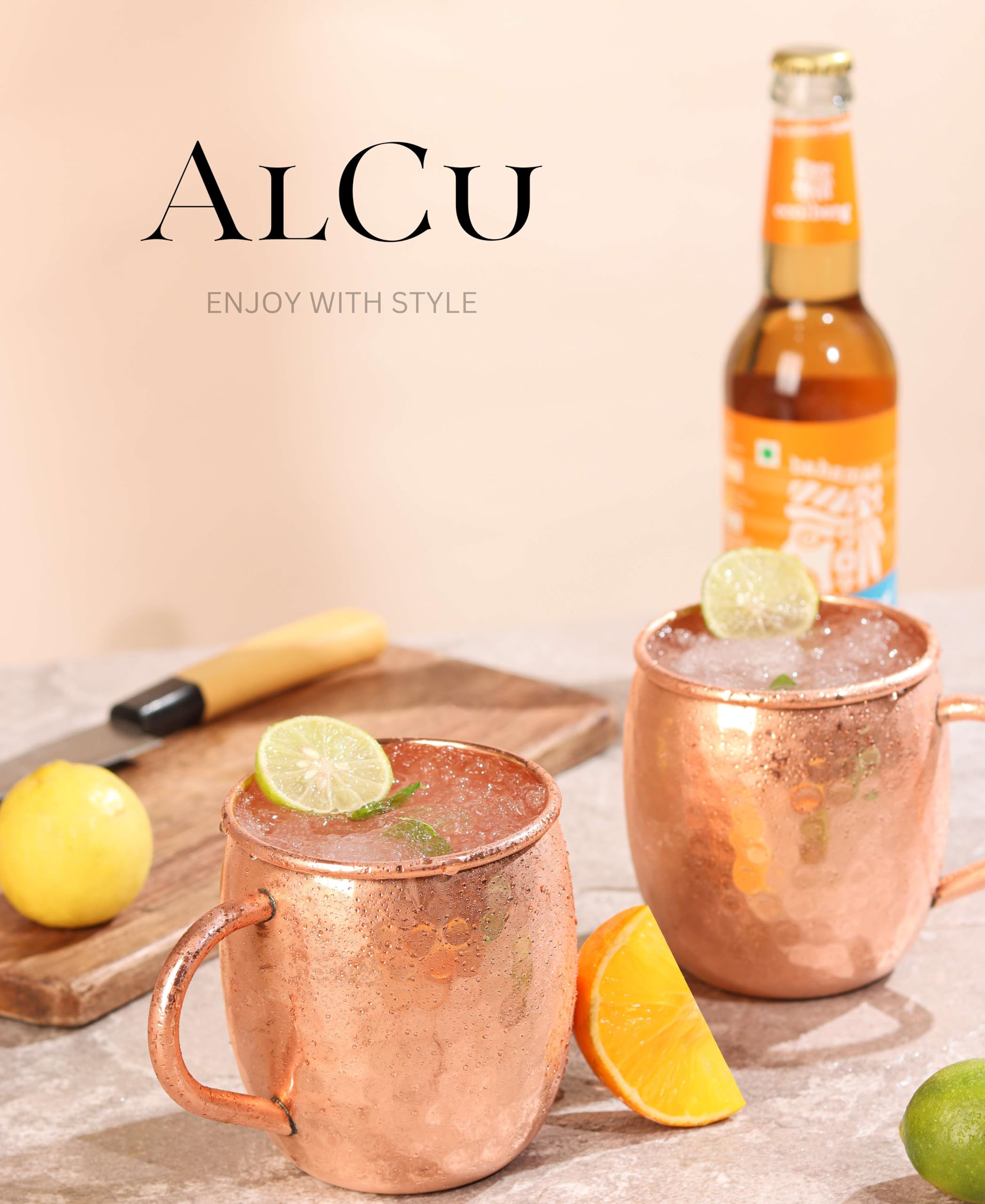 ALCU Copper Mule Mug, Handcrafted Shiny Moscow Mule Beer Mug Cup, Cocktail Serveware, Drinkware & Barware, Ideal for Cocktails, Drinks, & Gifts, Best for Parties (500 ml) Set of 2