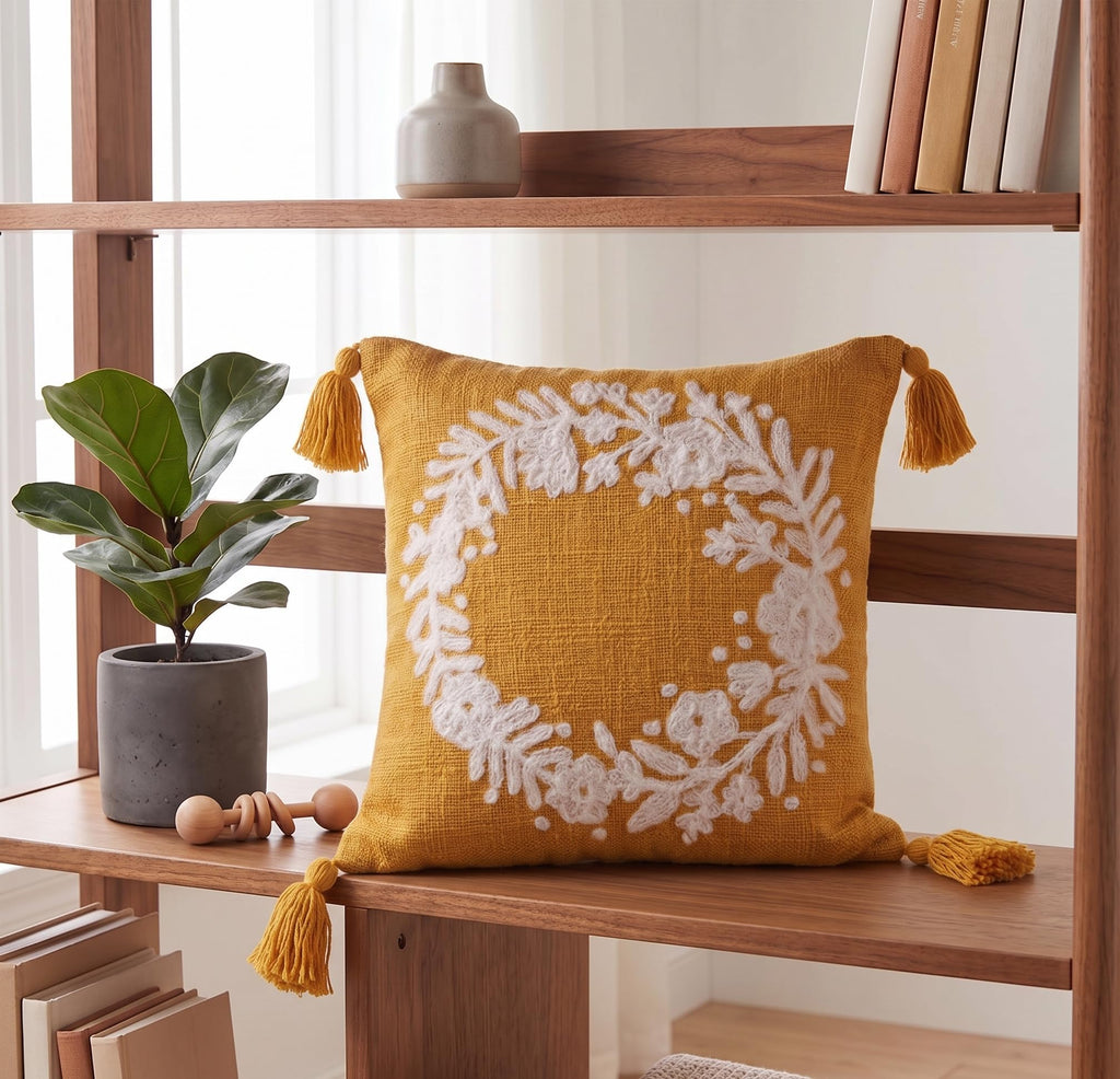 Furnistitchs Handmade Tufted Boho Cushion Covers 12x12 Inches | Embroidered Sofa Pillow Cases | Rustic Bohemian Decorative Throw Cushions for Couch Bedroom Living Room (2, Yellow Garland)