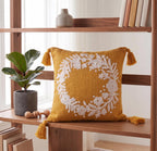 Furnistitchs Handmade Tufted Boho Cushion Covers 12x12 Inches | Embroidered Sofa Pillow Cases | Rustic Bohemian Decorative Throw Cushions for Couch Bedroom Living Room (2, Yellow Garland)