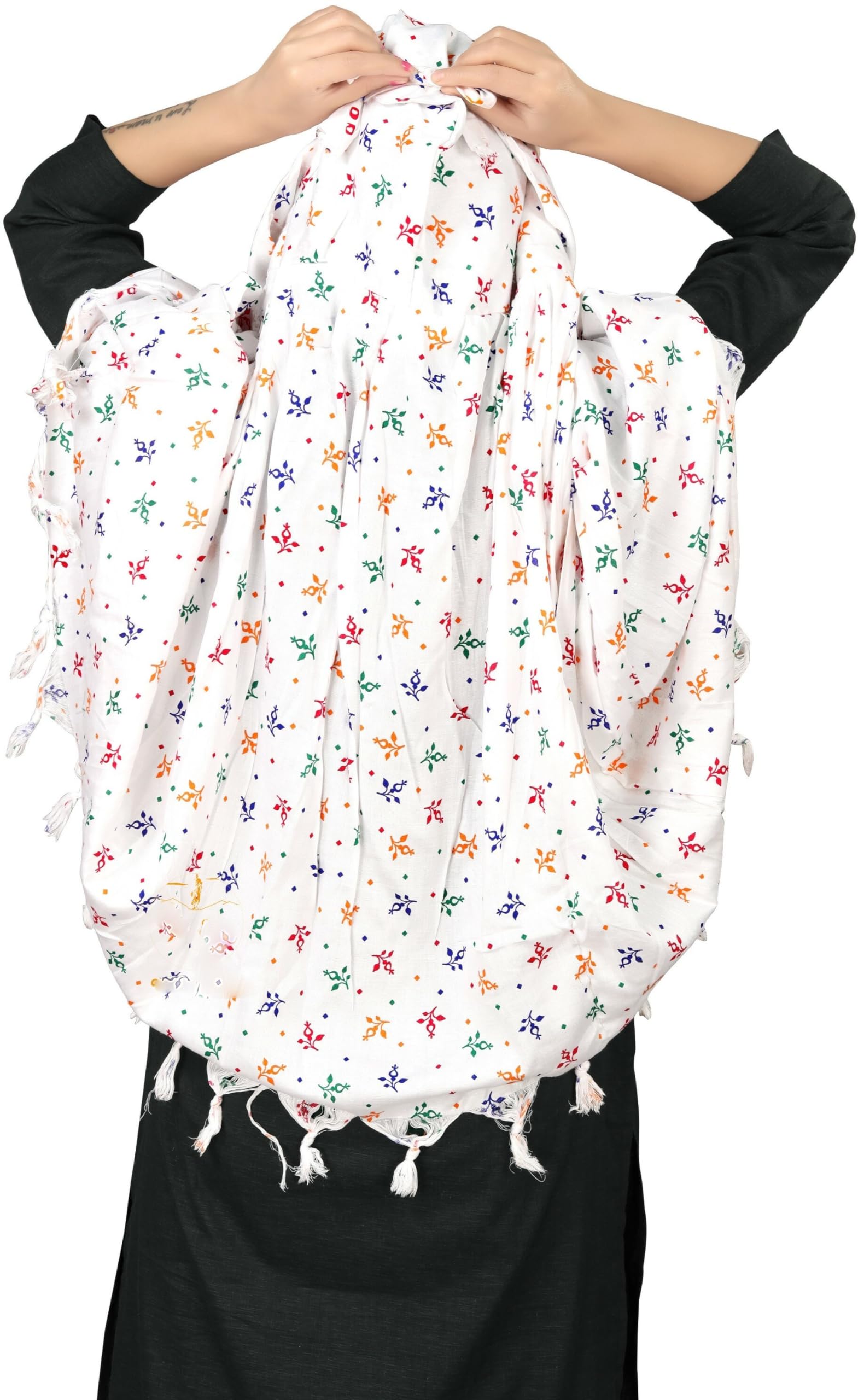 Sclout Female Cotton Breathable Sun Protection Scarf Dupatta Usable For Vehicle Driver | White Printed Design | Universal Size | For Girl & Women | Light Weight (Flower)