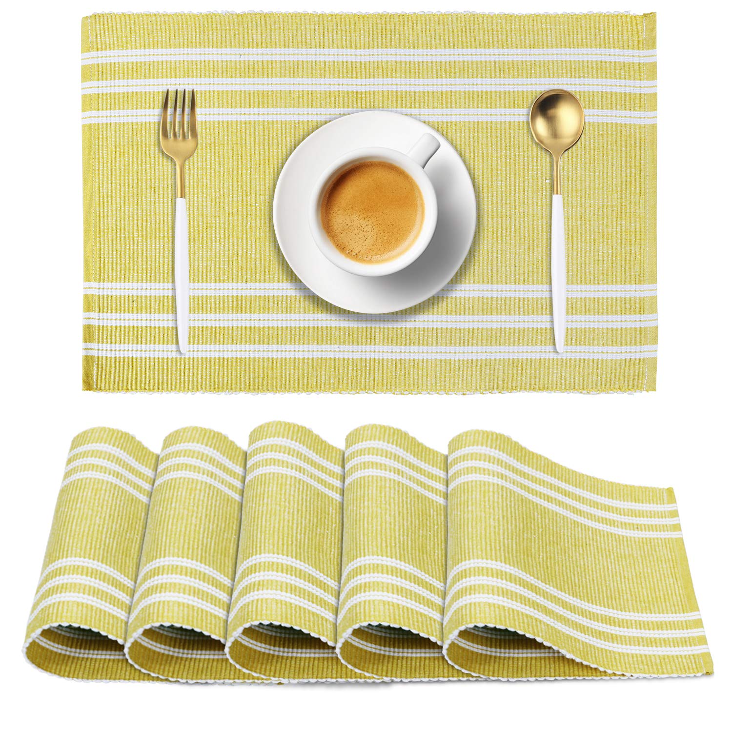 HOKIPO Ribbed Cotton Table Mats Washable (Yellow) Set of 6- IN70-YLW Kafalo
