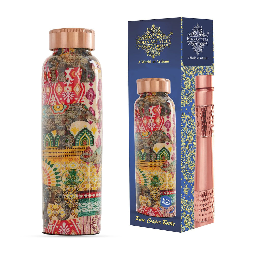 INDIAN ART VILLA Copper Water Bottle 900 ml, “Padharo Mhare Desh” Theme, Rajasthani Meena Printed Design, Handcrafted (0.9 litre)