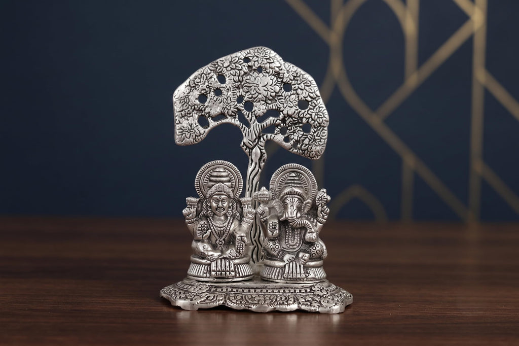 KridayKraft Silver Plated Laxmi Ganesha Tree Idol | Oxidized Finish Lord Ganesha & Goddess Lakshmi Tree Showpiece for Home Decor, Puja, Spiritual Growth, Office Desk, & Diwali Gifting.