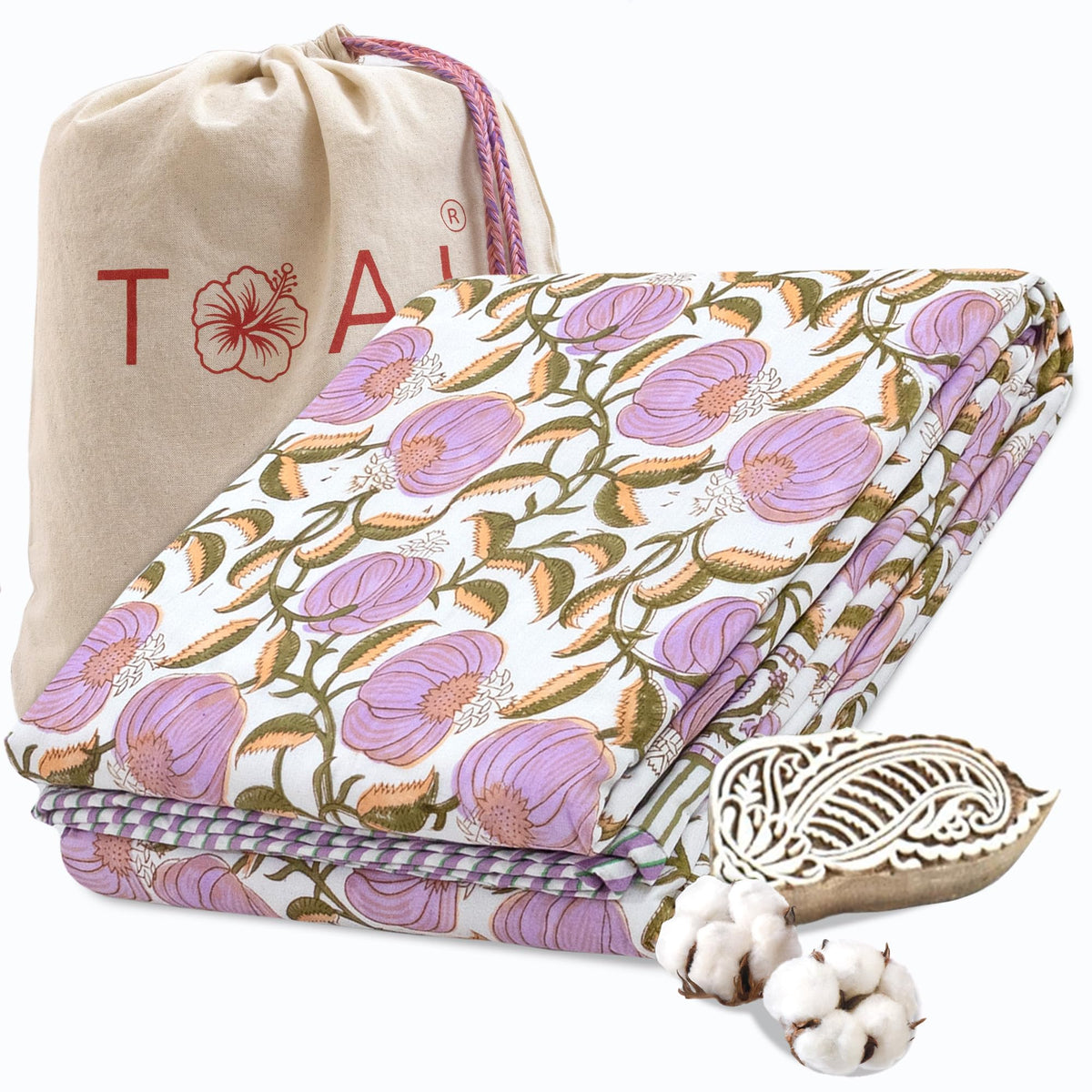 TOAIArt Premium Jaipuri Dohar | AC Blanket Summer Quilt | Hand Block Printed | 3 Layers | Reversible | 150GSM 100% Mulmul Cotton | 100% Cotton Flannel Filling | Single 60 X 90|Round Florals Leaves Kafalo