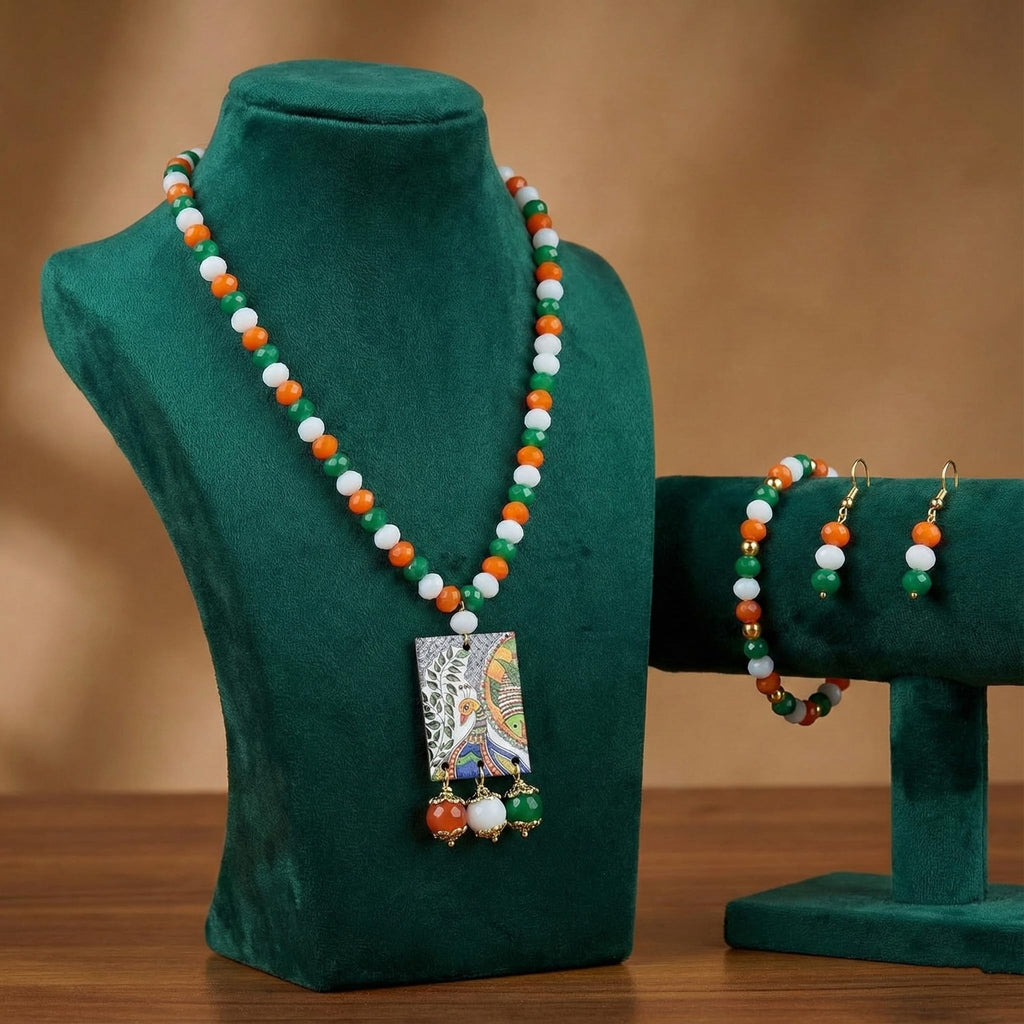 JFL - Jewellery for Less Traditional Tri Color Necklace set with Peacock Pendant & Bracelet Handmade Fashion Jewellery for Independence Day/Republic Day Women & Girls