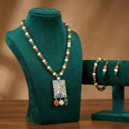 JFL - Jewellery for Less Traditional Tri Color Necklace set with Peacock Pendant & Bracelet Handmade Fashion Jewellery for Independence Day/Republic Day Women & Girls