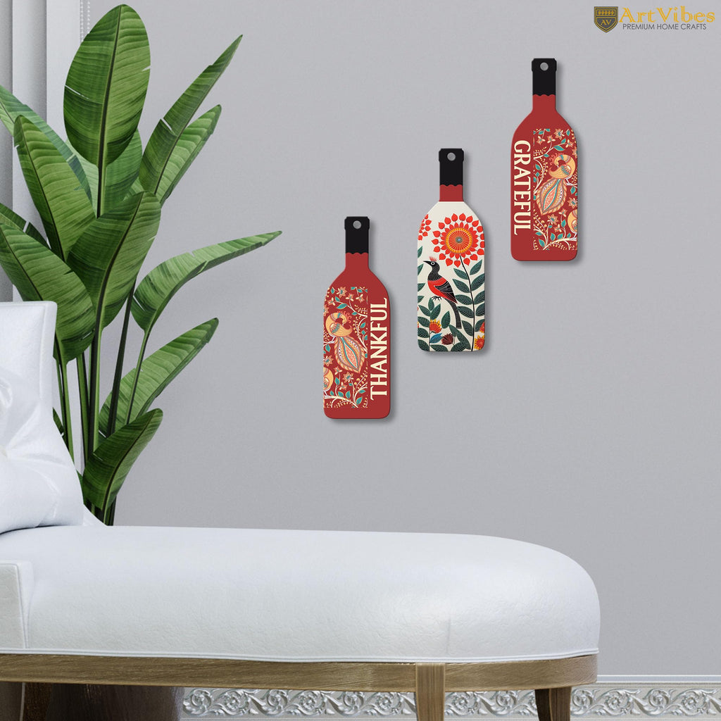 Artvibes Thankful Grateful Decor Decorative Wall Hanging Ornaments | Quotes Decor Item | Wall Accent | Office Decor | Inspirational Quotes Wall Art | Mdf Wall Decoration | Gifts (WH_9522N), Set of 3