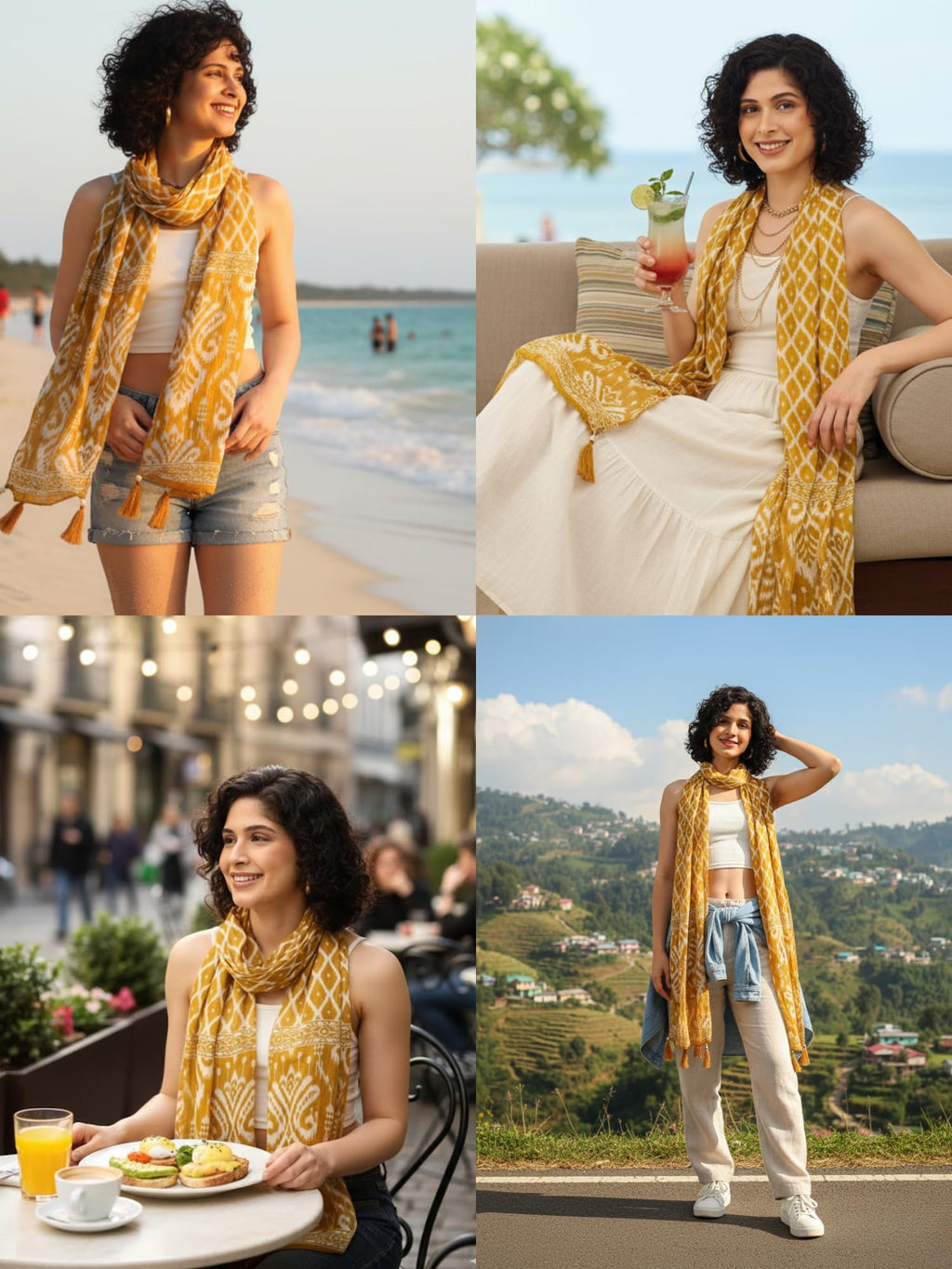 KE KANHA EXPORTS Scarf for Women Premium Cotton Boho | Dual Tone Border Print Stole with Tassels | Lightweight Summer Beach Wrap 180 x 50 cm (Golden Mustard Ikat)