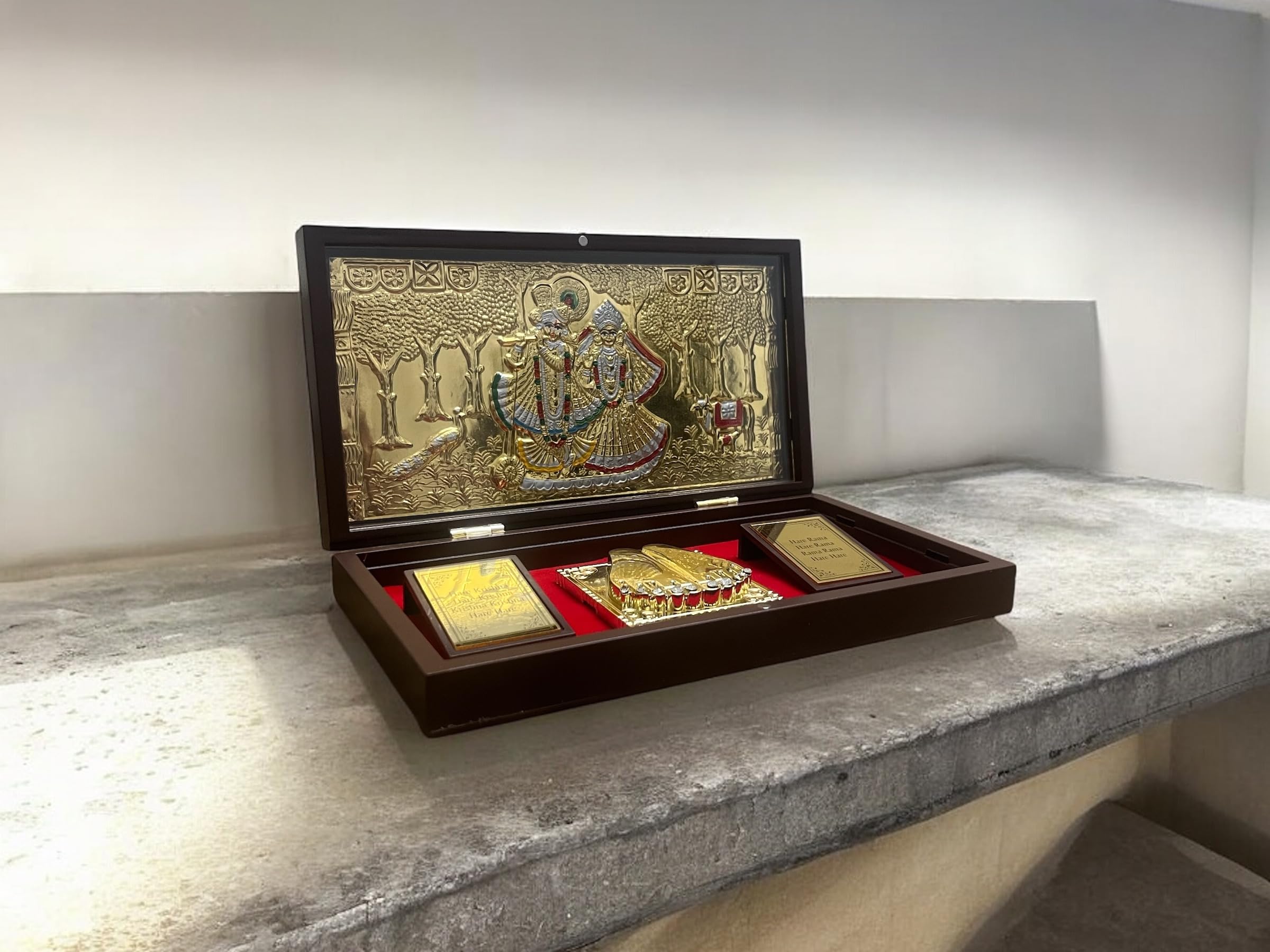 CharmInSilver 24k Gold Plated & 999 Pure Silver Coated | Radhakrishnan Charan Paduka Pooja Box | Packet Temple | Suitable Gift for Diwali,Occassions,Wealth,Prosperity & Vastu Benefits