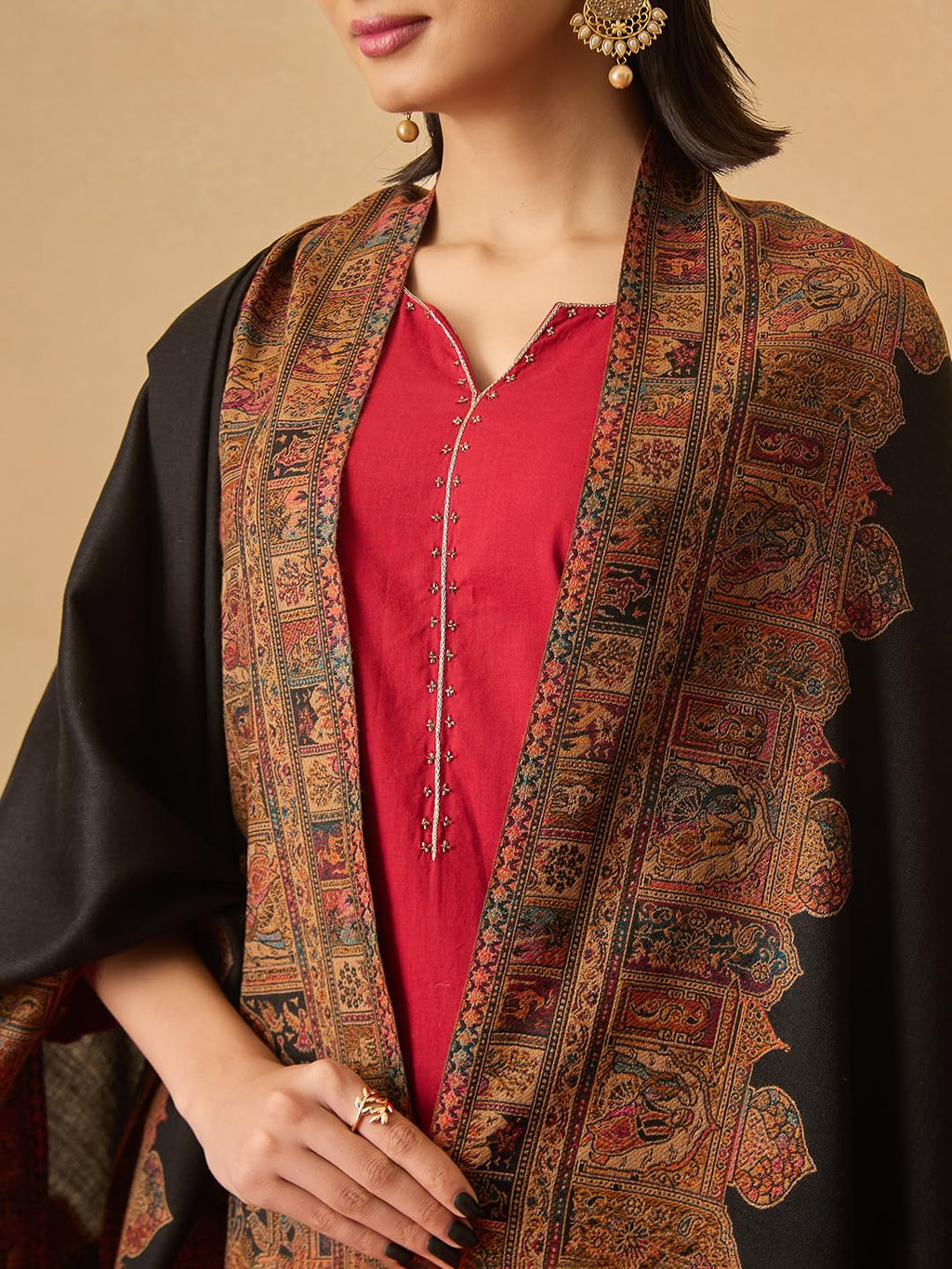 Pashmoda Women Arcadia Borders Kashmiri Jamawar Woven Design Shawl (Size: 40x80in, 101x203cm) SECS55