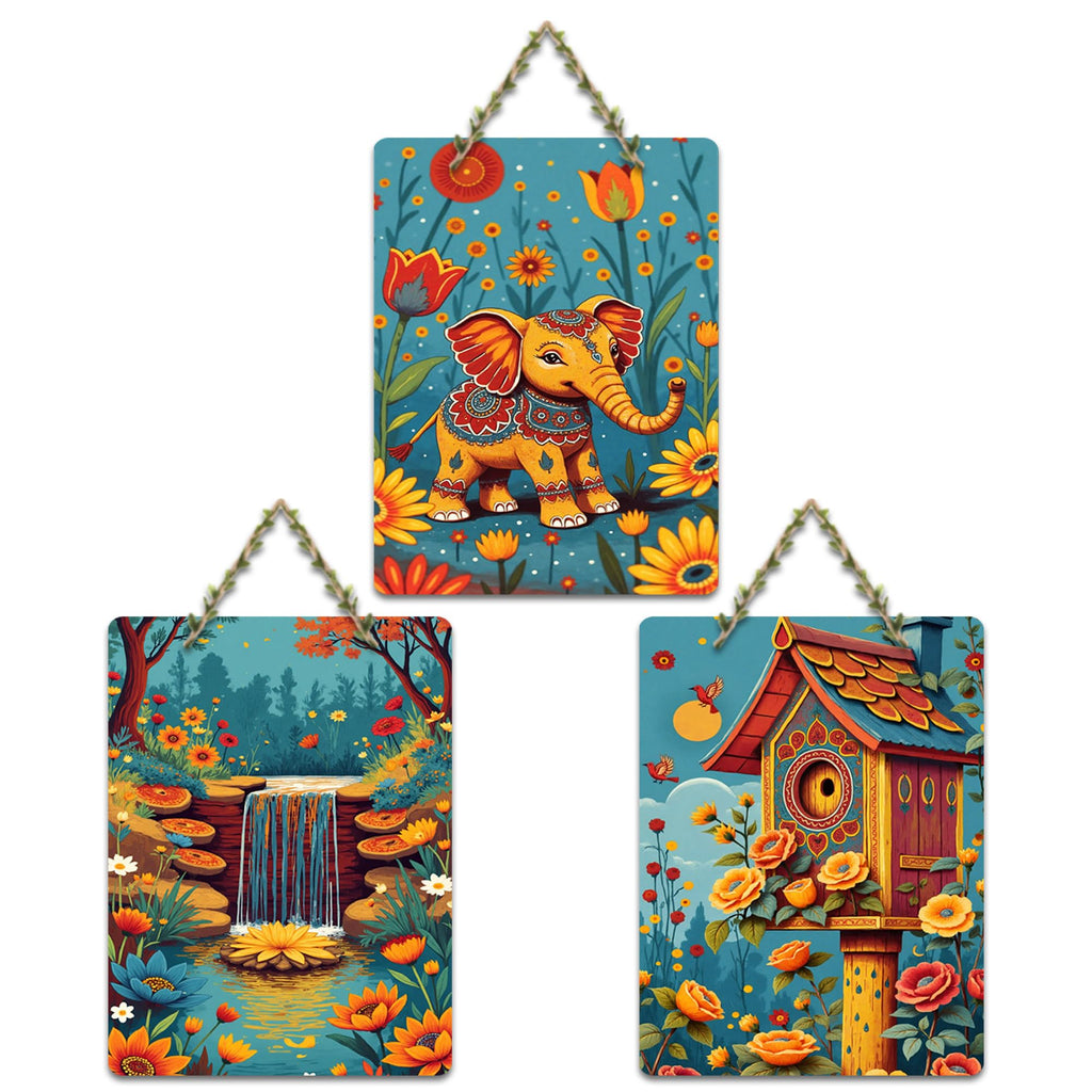 Artvibes Elephant In Bloom Birdhouse Waterfall Home Art For Wooden Art Decoration Item for Home | Garden Balcony | Door Decoration Item | Graphic Artwork | Wall Poster | Gift Item (WH_9634N), Set of 3