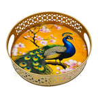 COOPTIC Handcrafted Pichwai Serving Tray for Serving and Storage | Traditional Decorative Basket with Peacock Artwork for Home Décor, Festive and Wedding Gifting (8 Inch)