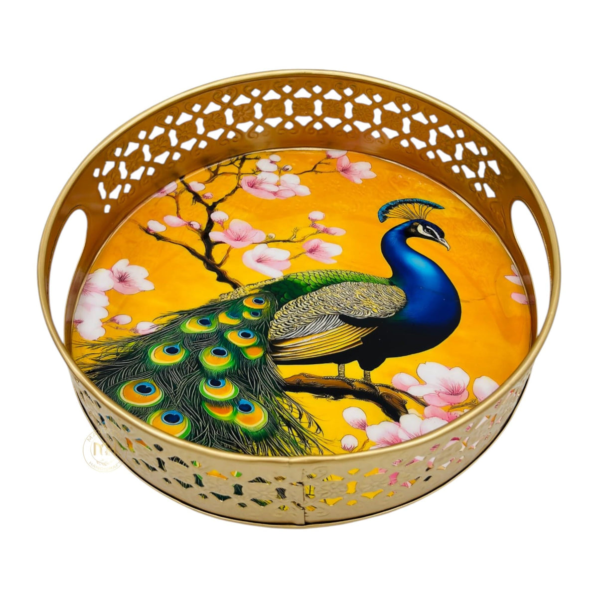 COOPTIC Handcrafted Pichwai Serving Tray for Serving and Storage | Traditional Decorative Basket with Peacock Artwork for Home Décor, Festive and Wedding Gifting (8 Inch)