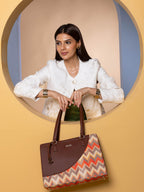 ZOUK Women's Tidal Wave Office Essential Bag | Jute | Vegan Leather Handcrafted Tote Bag With Double Handle Shoulder Strap| Orange